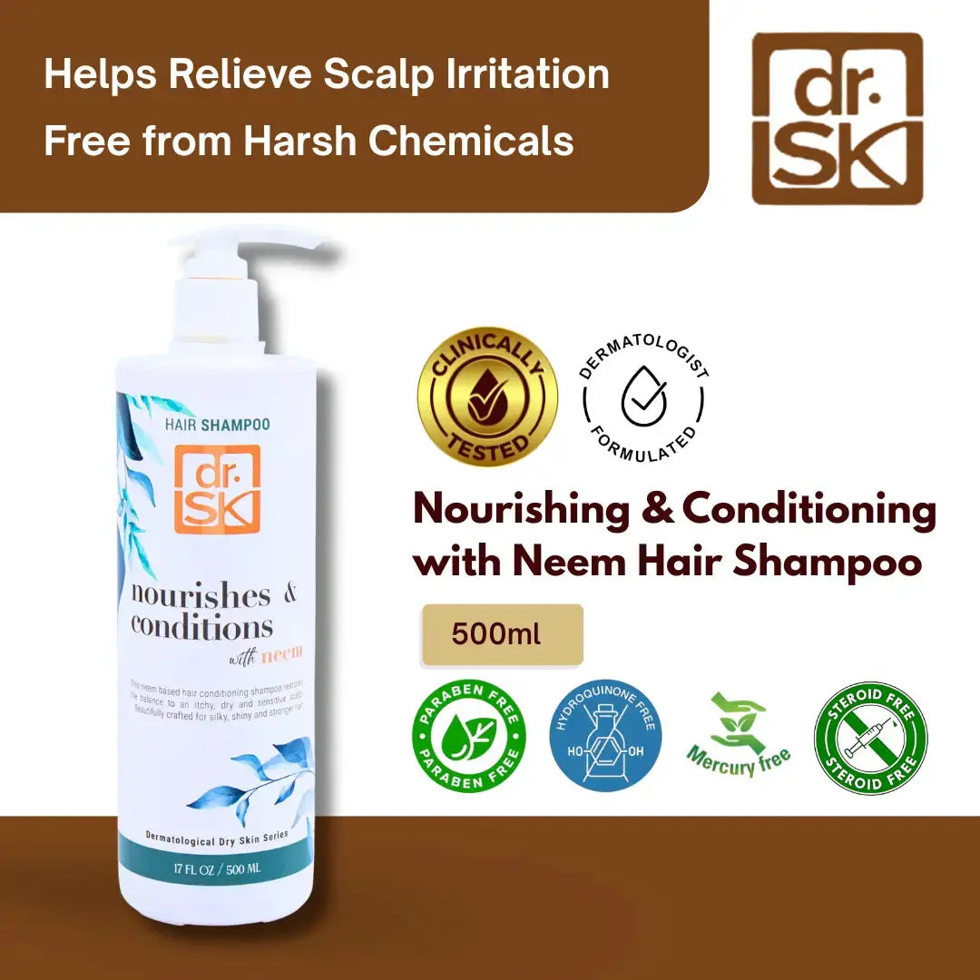 dr. SK shampoo bottle with product details and branding on a brown background