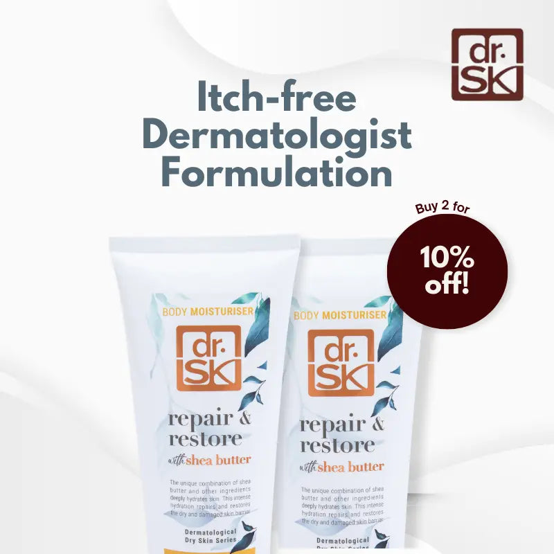 Two bottles of dr. SK repair and restore body moisturizer with a promotional offer on a white background.