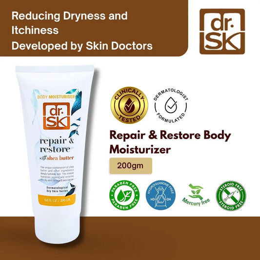 Dr. SK repair & restore body moisturizer with branding and product details on a brown and white background