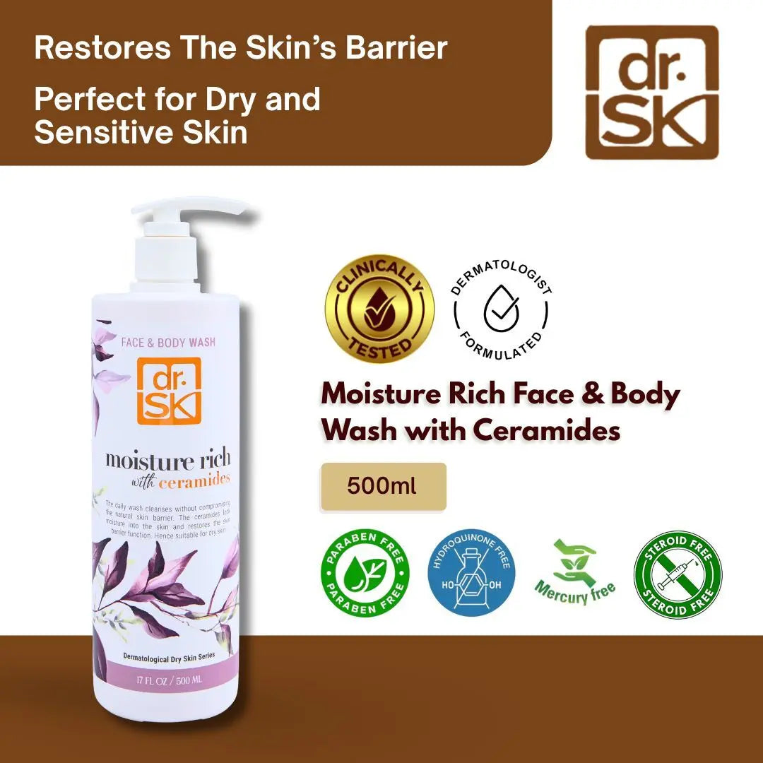 Dr. SK moisture rich face and body wash with ceramides on a brown background