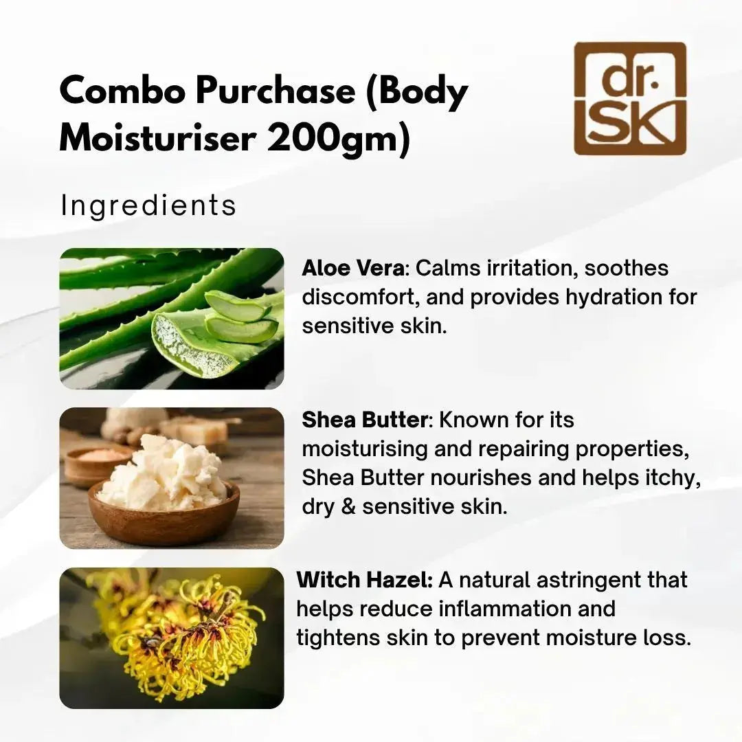 Dr. SK body moisturizer combo purchase with ingredients and benefits on a white background