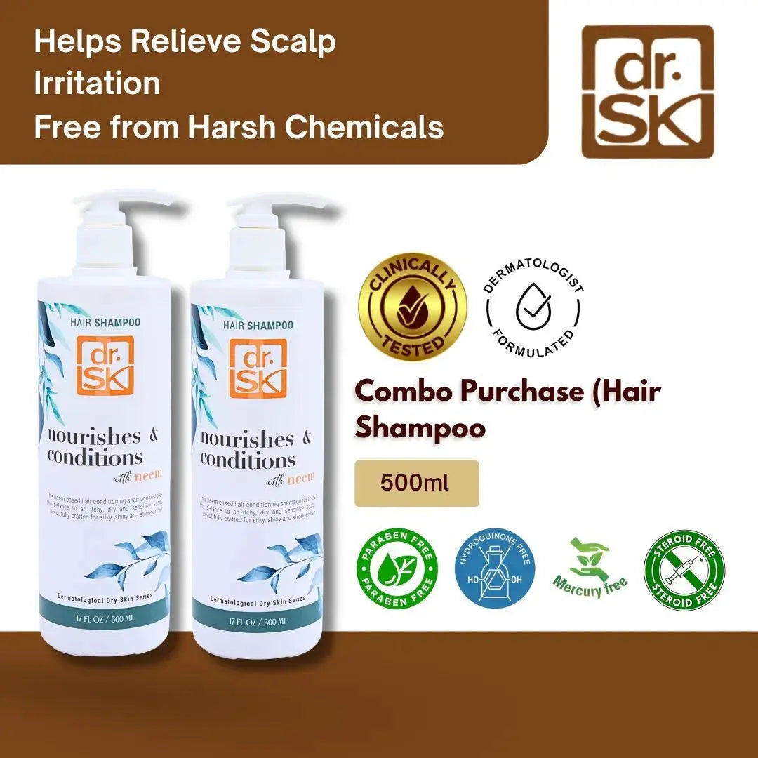 dr. SK neem hair shampoo bottles with packaging on a brown background
