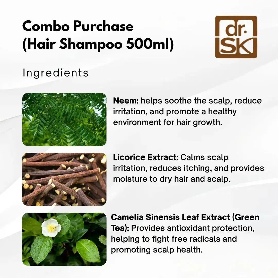 dr. SK combo purchase hair shampoo 500ml ingredients list with images and descriptions.