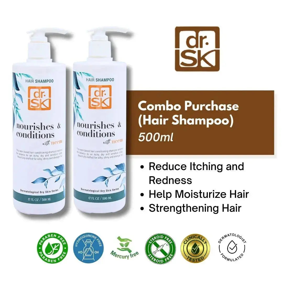 Two bottles of dr. SK neem hair shampoo with product details on a white background