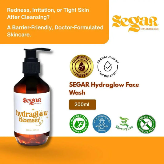 Segar Hydraglow face wash 200ml bottle with dermatologist-tested, paraben-free, hydroquinone-free, and steroid-free skincare labels on orange and white background.