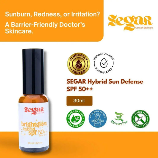 SEGAR Hybrid Sun Defense SPF 50++ 30ml sunscreen bottle with dermatologist-formulated, clinically tested, paraben-free, hydroquinone-free, mercury-free, and steroid-free icons.