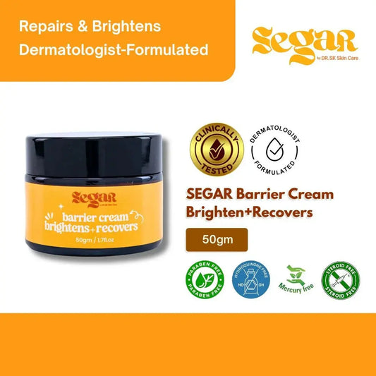 Segar barrier cream jar for sensitive skin, dermatologist-formulated, 50gm, clinically tested, paraben free, hydroquinone free, mercury free, steroid free.