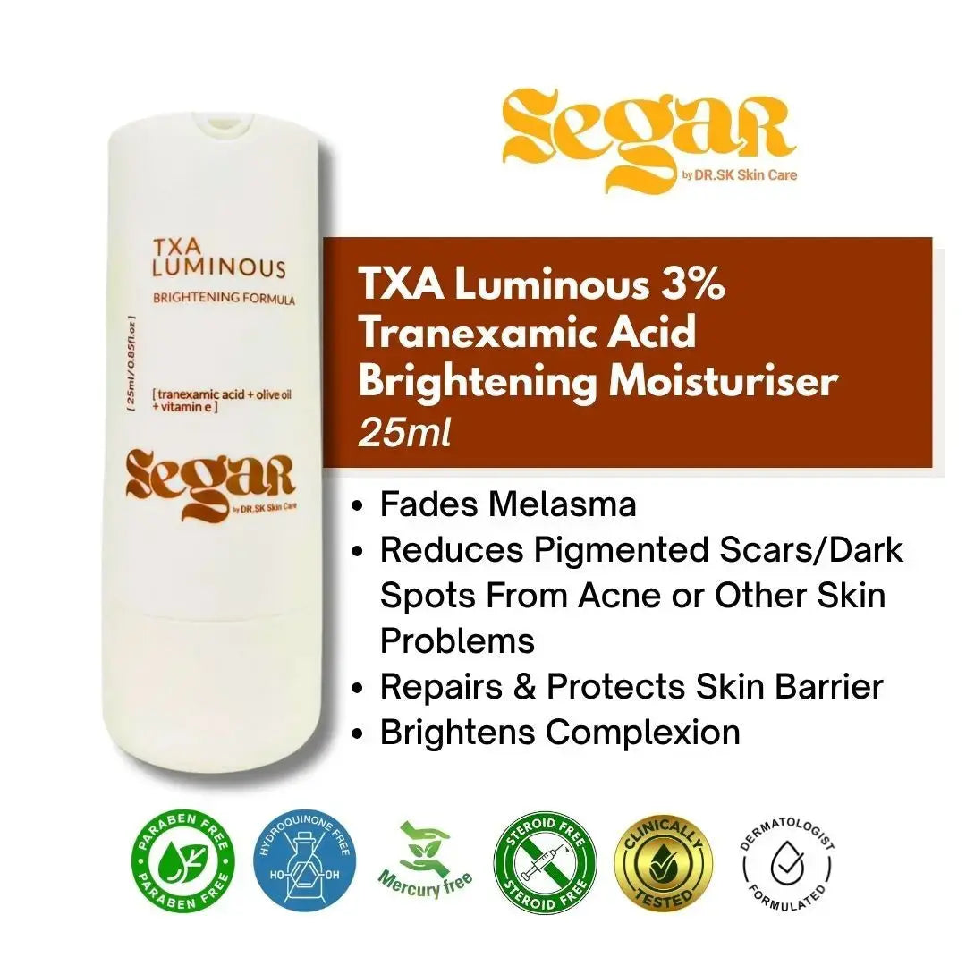 Segar TXA Luminous 3% Tranexamic Acid Brightening Moisturiser bottle with product details on a white background