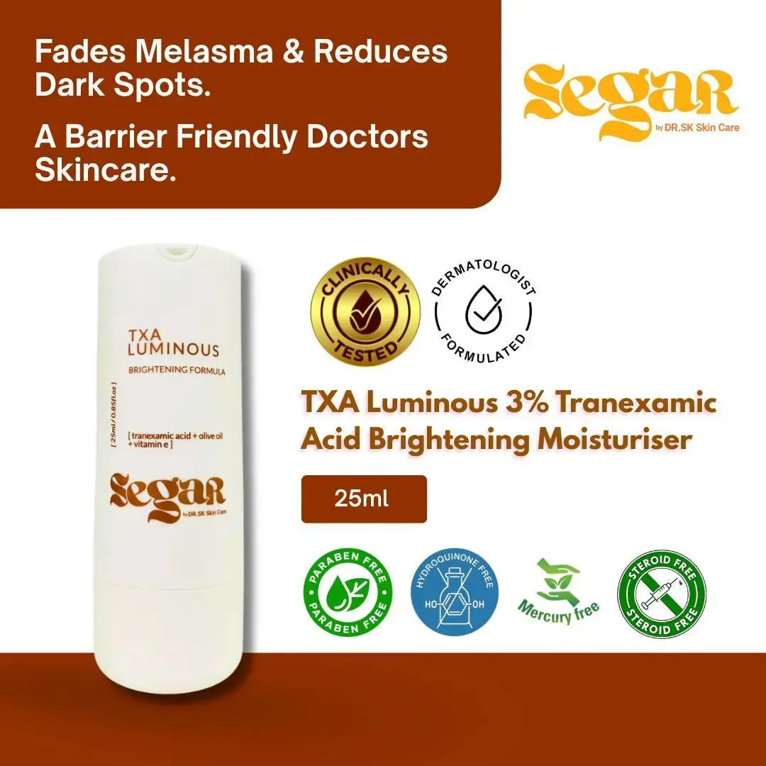 Segar TXA Luminous 3% Tranexamic Acid Brightening Moisturizer bottle with product details on a brown and white background.