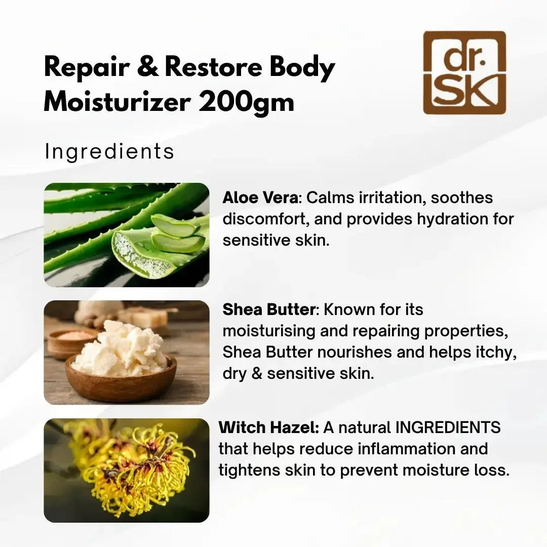 Dr.SK repair and restore body moisturizer ingredients list with aloe vera, shea butter, and witch hazel.