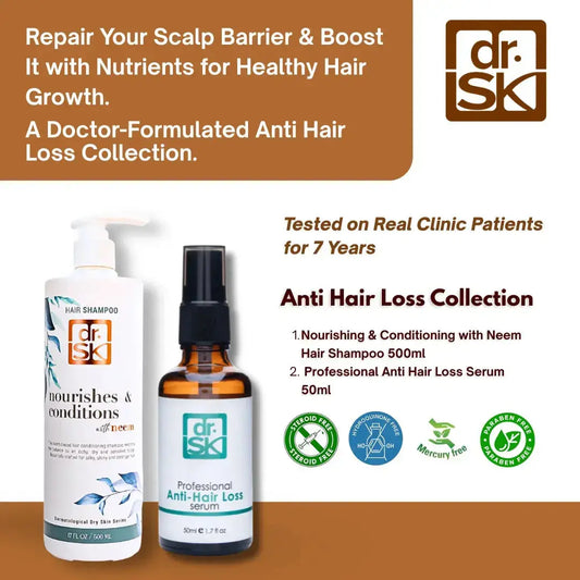 dr. SK hair care products for anti hair loss on a brown background