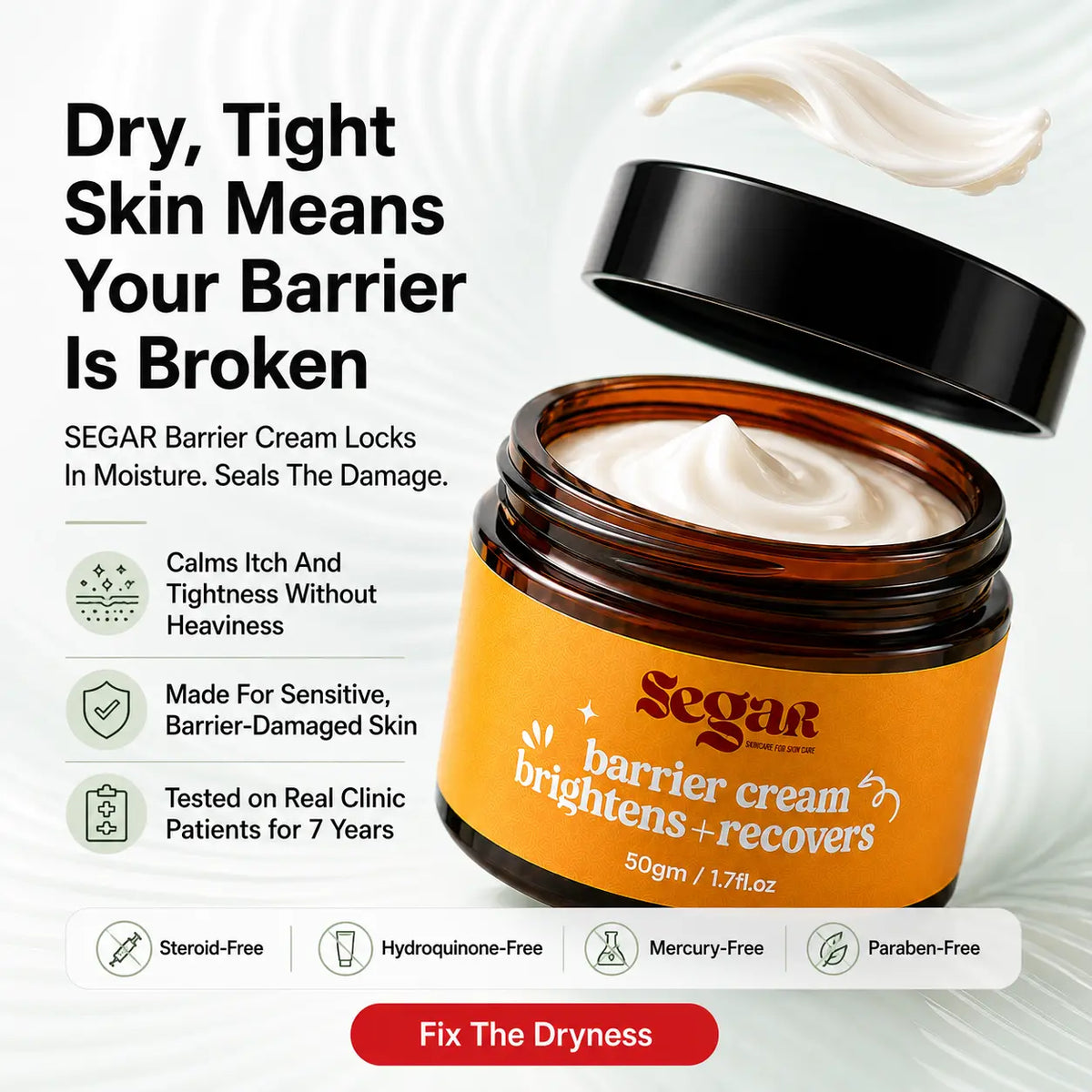 SEGAR Brightens + Recovers barrier cream in an amber jar with a black lid, shown open with cream visible against a white background with marketing text and icons.