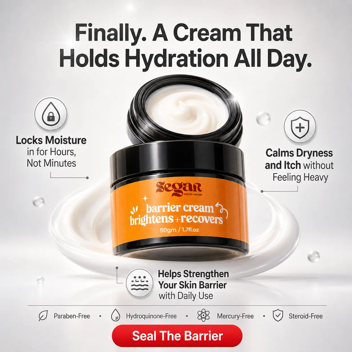 A jar of SEGAR Barrier Cream 'Brightens + Recovers' shown open on a white pedestal with marketing text around it, on a light grey background.