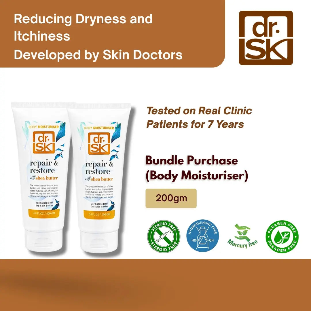 dr. SK repair & restore body moisturiser with branding and product details on a brown and white background.