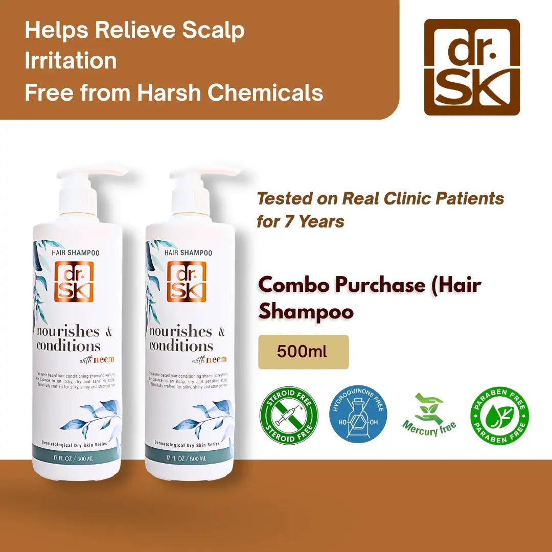 dr. SK hair shampoo bottles with product details on a brown and white background