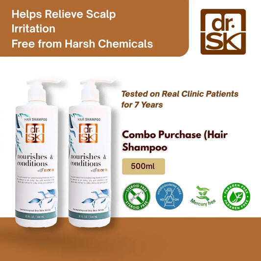 dr. SK hair shampoo bottles with product details on a brown and white background