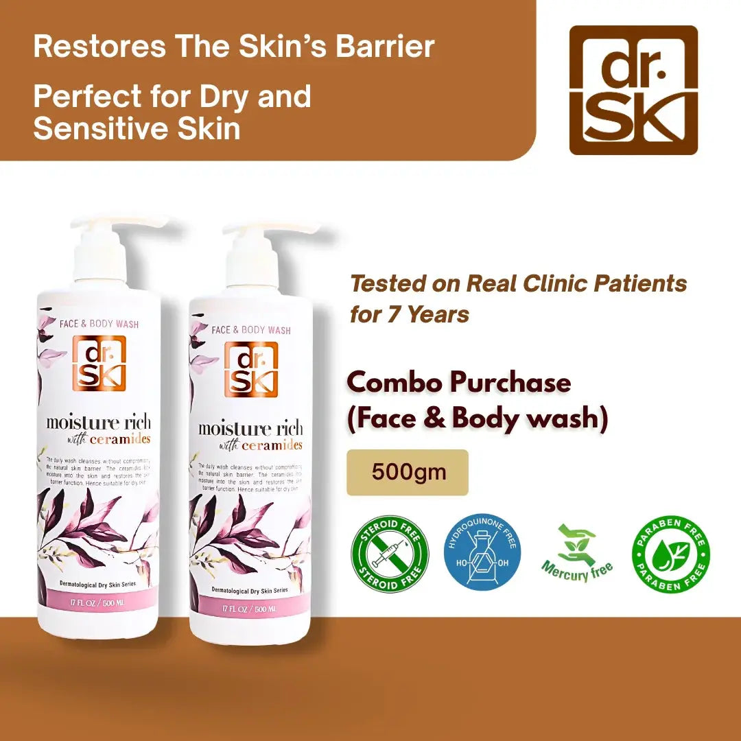 dr. SK face and body wash bottles with product details on a brown background