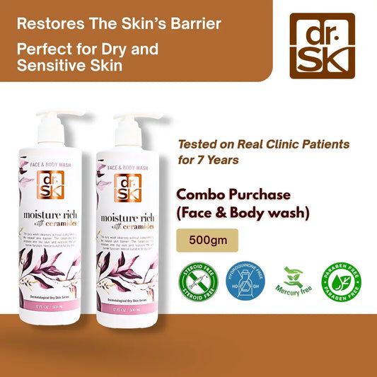 dr. SK face and body wash bottles with product details on a brown background