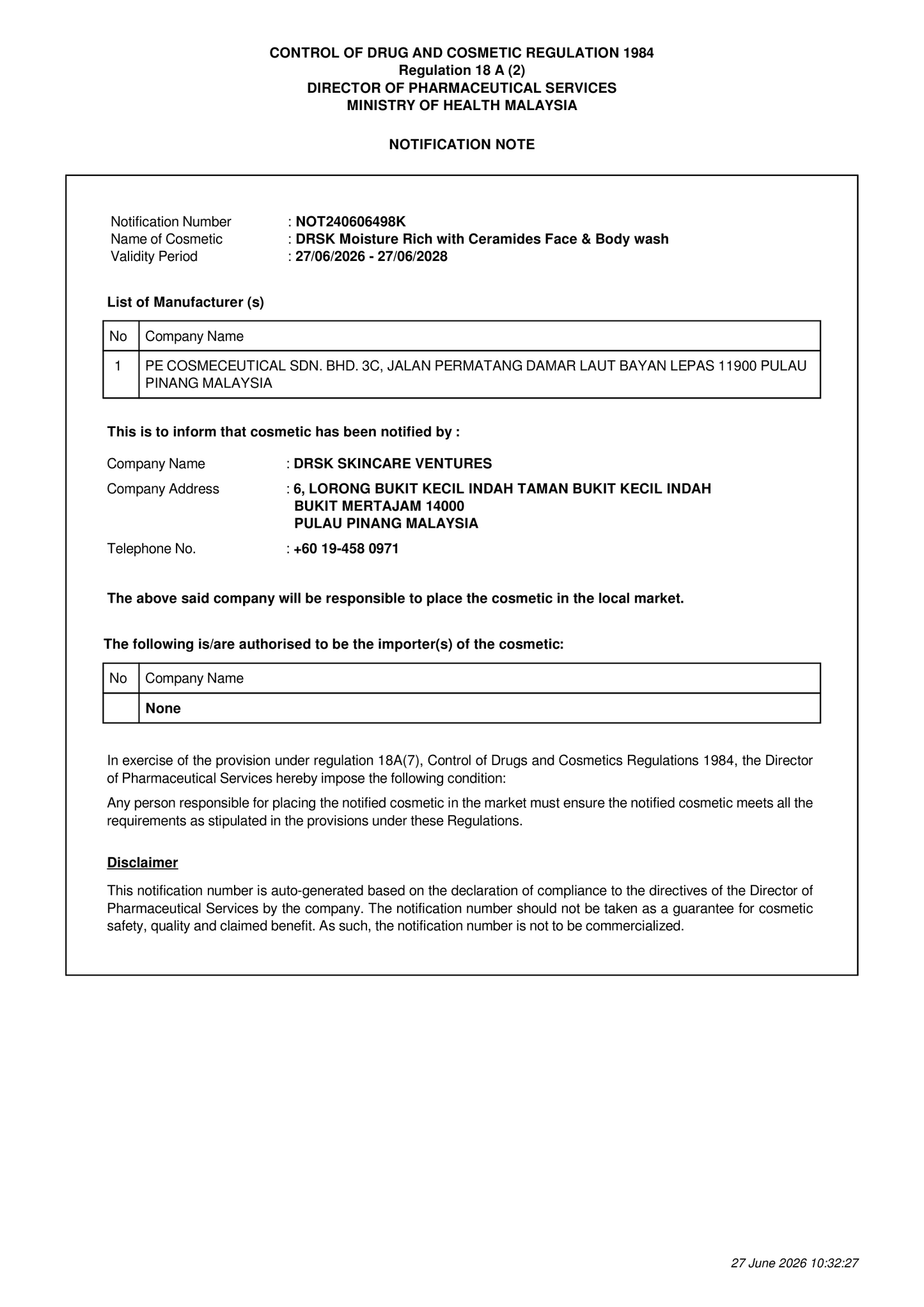 Control of Drugs and Cosmetics Regulation 1984 notification for a hair shampoo product.
