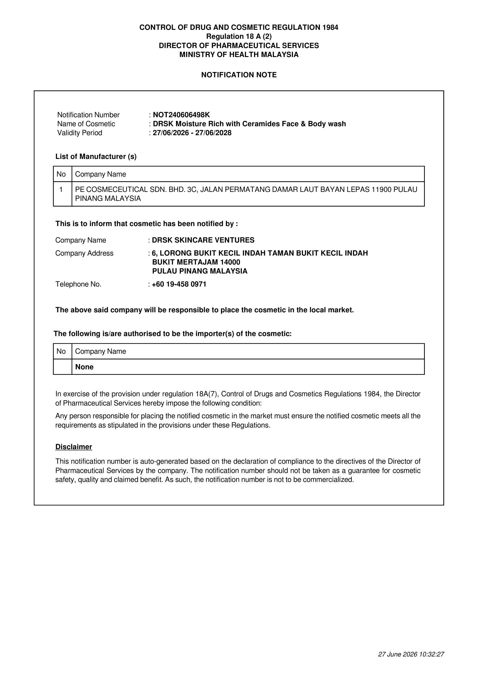 Control of Drugs and Cosmetics Regulation 1984 notification for a hair shampoo product.
