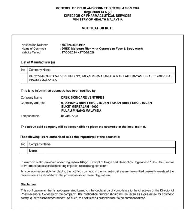 Notification note from the Ministry of Health Malaysia regarding cosmetic regulation compliance.