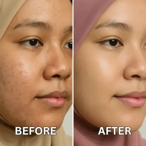 Before and after comparison of a person wearing a headscarf, with 'Before' on the left and 'After' on the right.