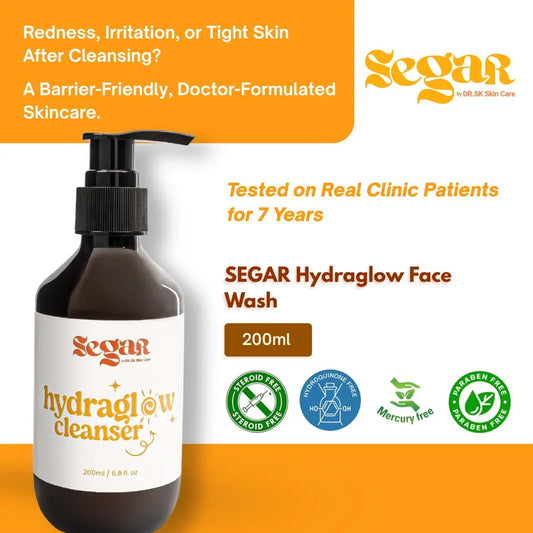 SEGAR Hydraglow Face Wash bottle with product details on an orange and white background