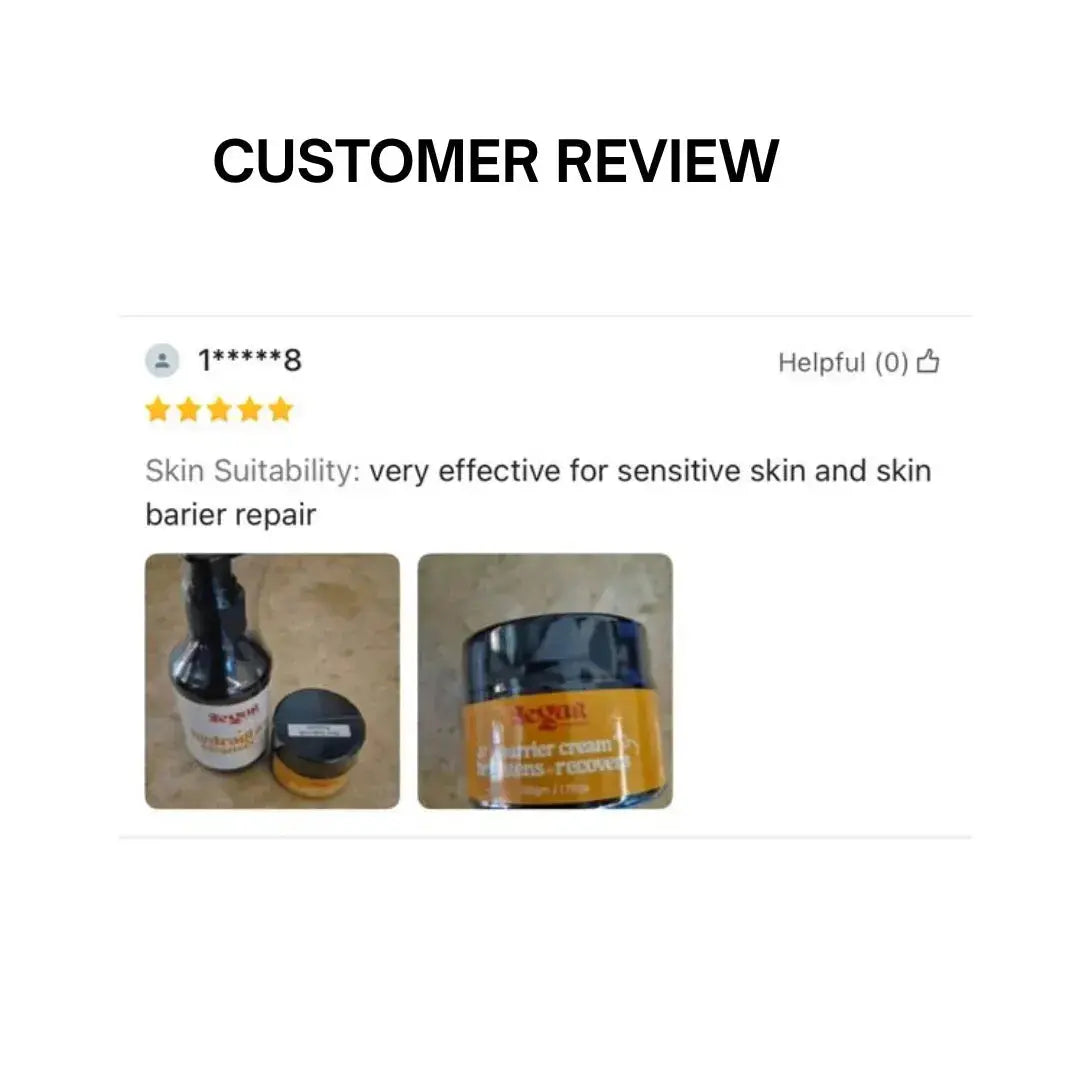 Product review with two images of a bottle and jar, and text about skin suitability.