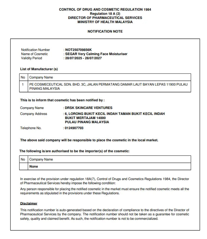 SEGAR Very Calming Face Moisturizer 50g Barrier Repair dr.SK Skincare