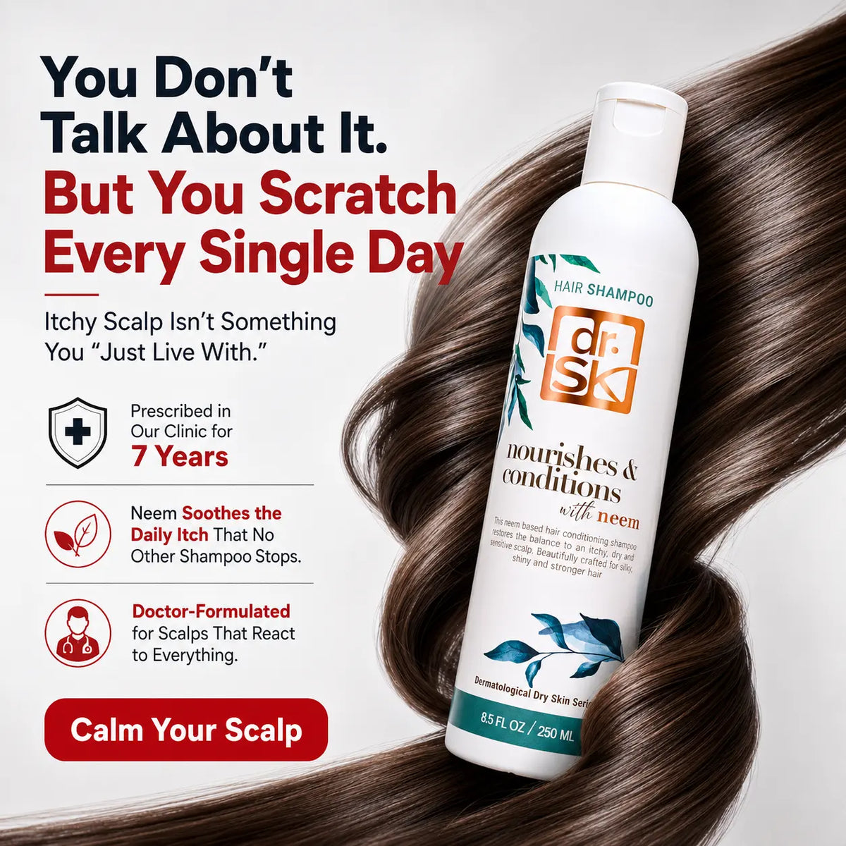 A bottle of dr. SK nourishes & conditions with neem hair shampoo is shown on a light gray background with a large, flowing strand of dark brown hair behind it.