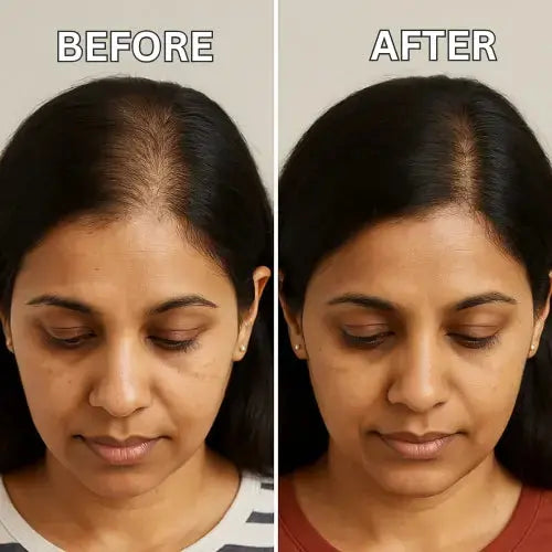 Before and after comparison of a woman's hairline with a neutral background.