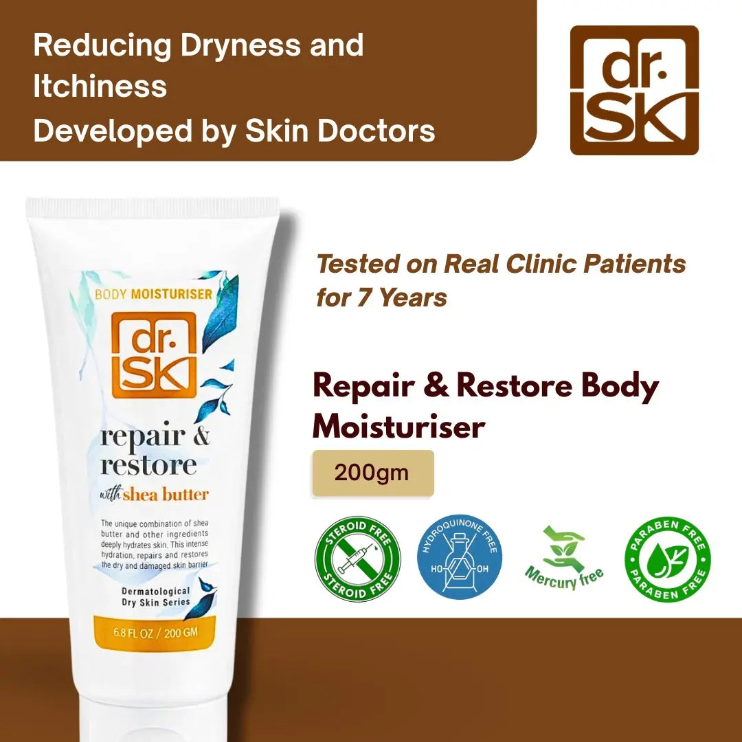 Dr. SK repair & restore body moisturiser with branding and product details on a brown background