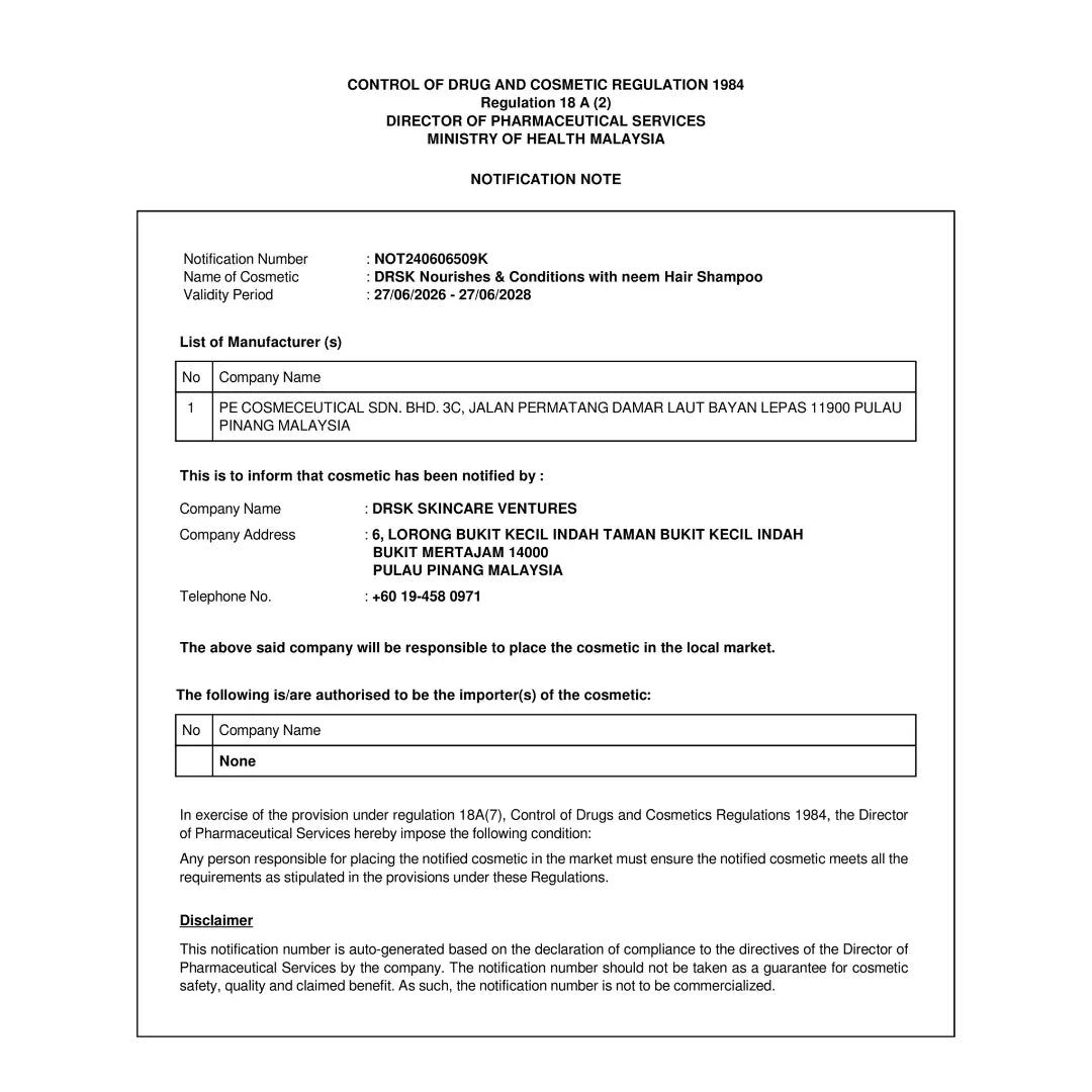 Notification note from the Ministry of Health Malaysia regarding cosmetic regulation
