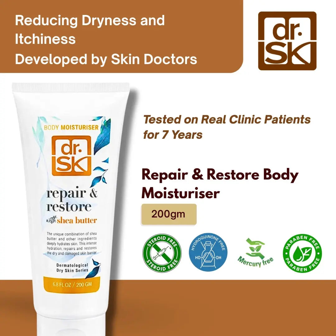 dr. SK Repair & Restore Body Moisturiser with branding and product details on a brown background