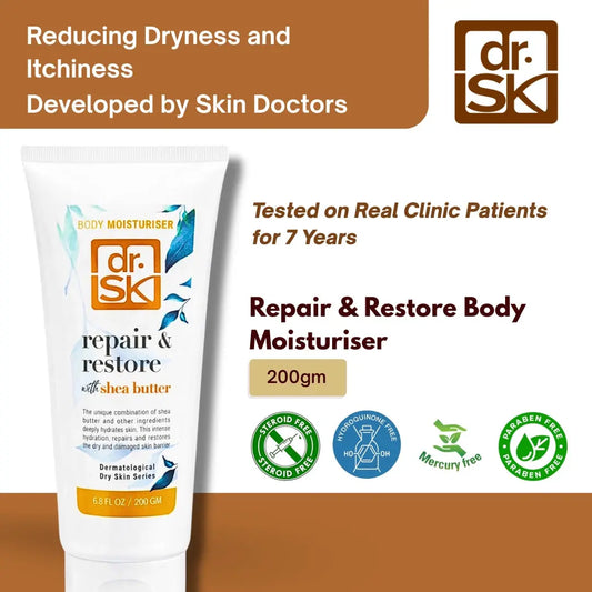 dr. SK Repair & Restore Body Moisturiser with branding and product details on a brown background