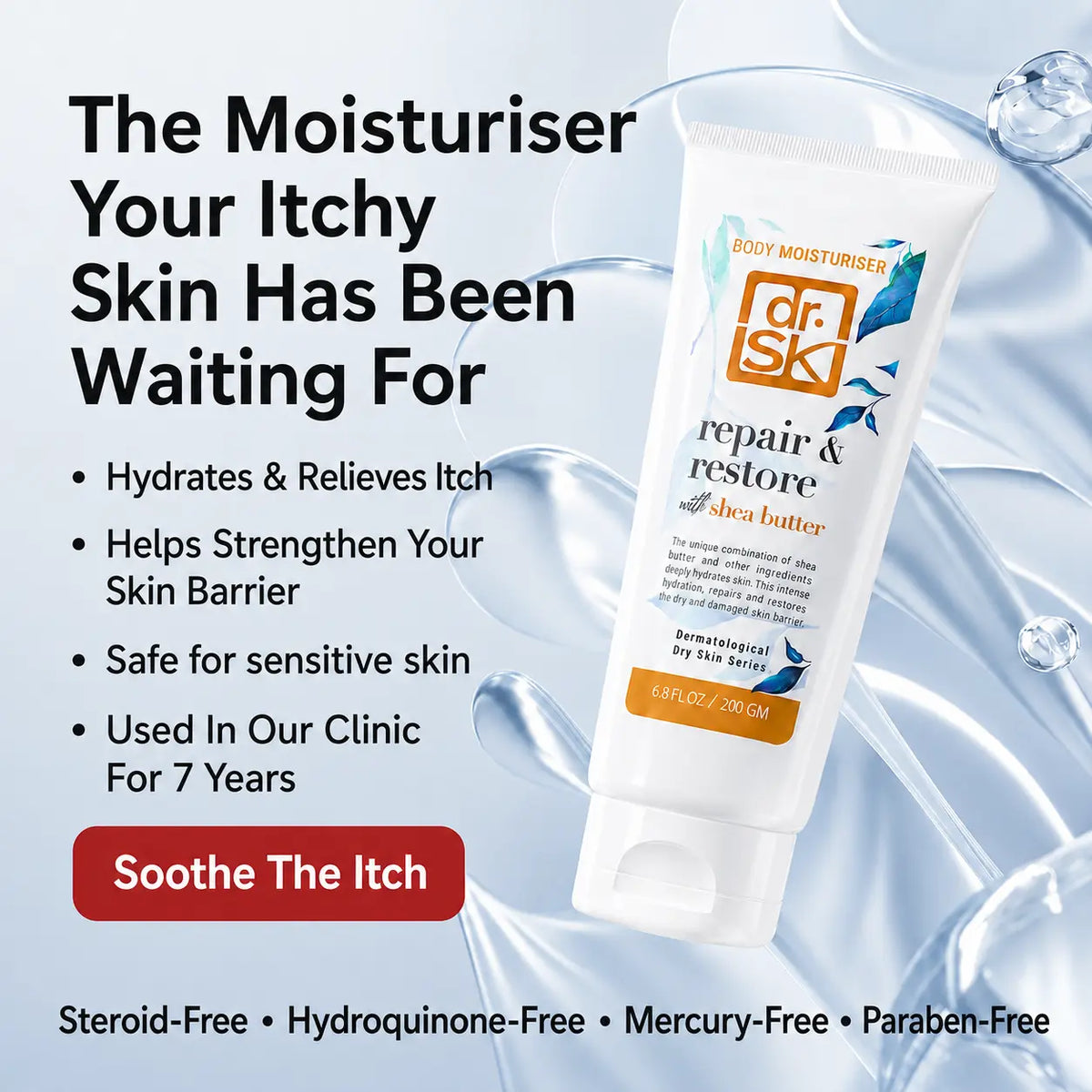 A promotional product image for dr.SK Repair & Restore Shea Butter body moisturiser.