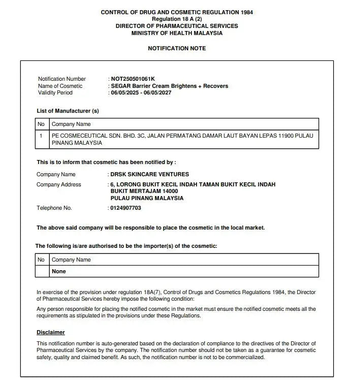 Cosmetic regulation notification document from Malaysia with text and a list of manufacturers.