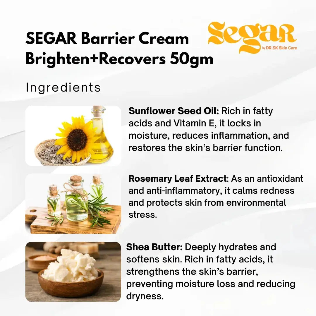 Advertisement for Segar Barrier Cream with ingredients listed and images of sunflower, rosemary, and shea butter.