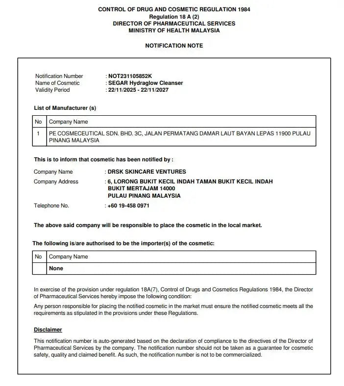 Notification note from the Ministry of Health Malaysia regarding a cosmetic product, specifically SEGAR Hydraglow Cleanser.