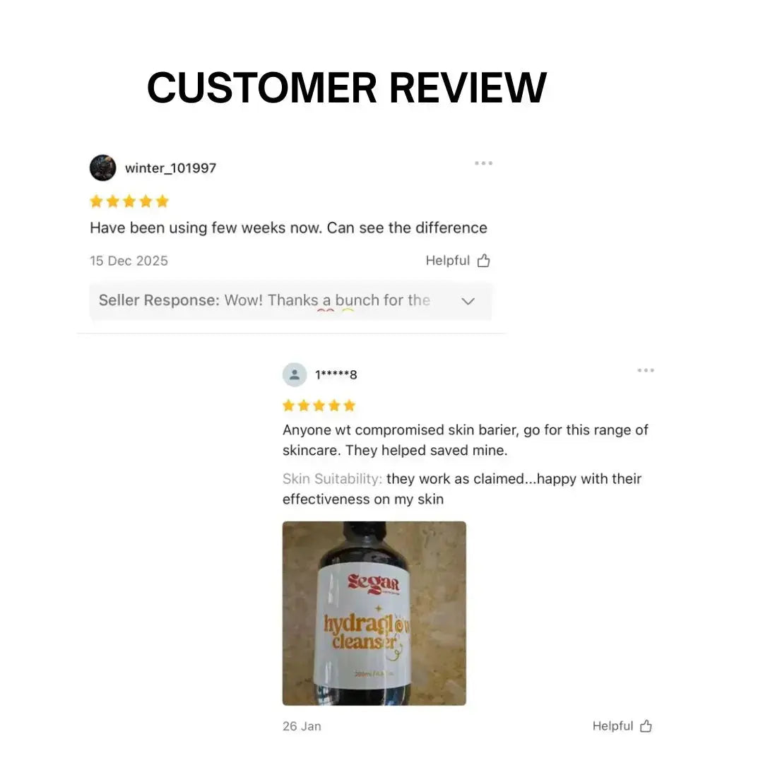 Product review with customer feedback and a bottle image on a white background