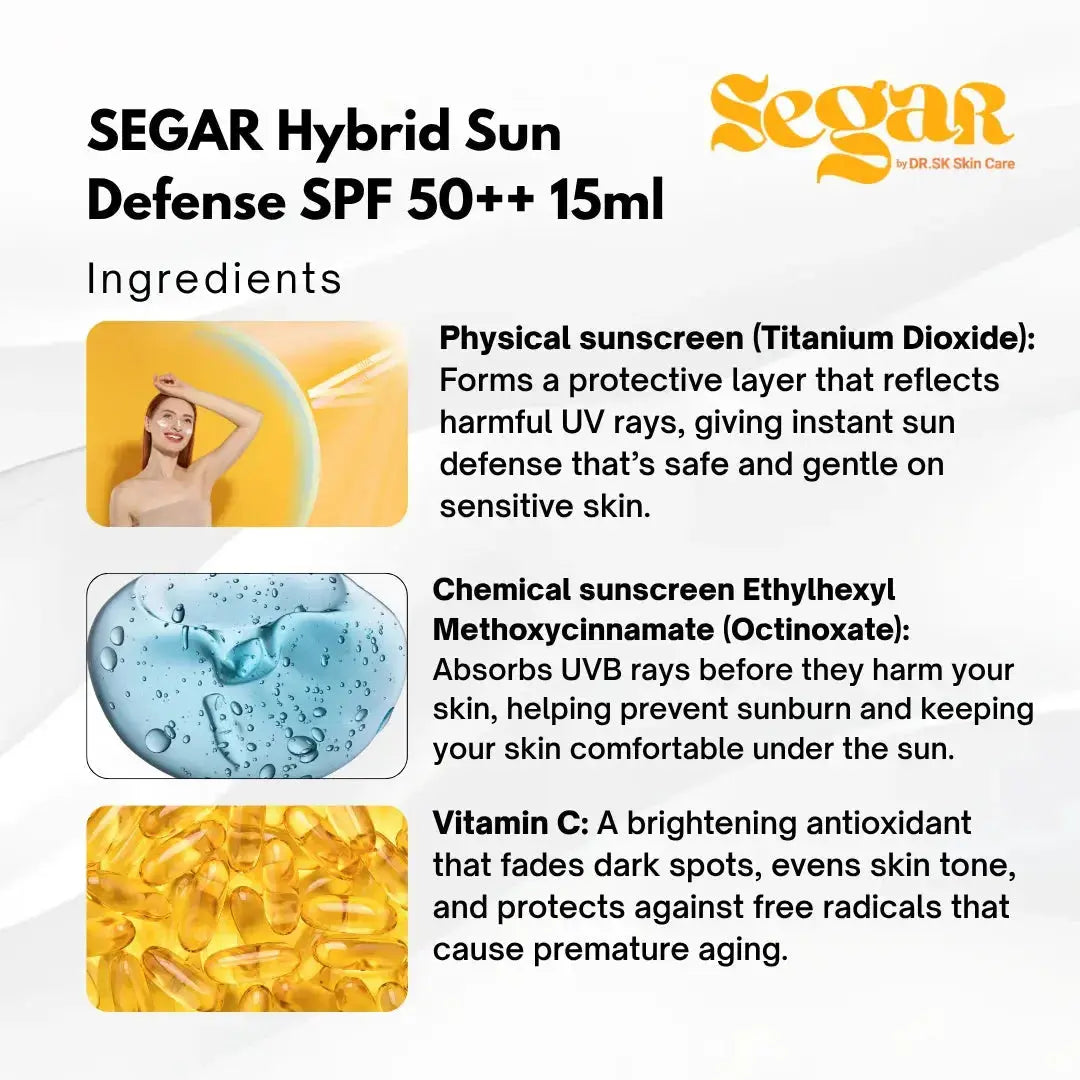 SEGAR Hybrid Sun Defense SPF 50++ 15ml product details with ingredients and benefits.