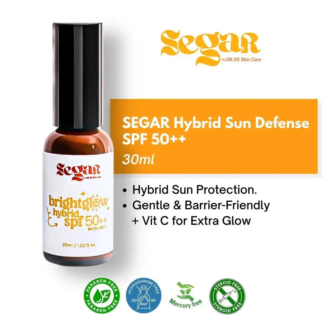 SEGAR Hybrid Sun Defense SPF 50++ bottle with product details on a white background