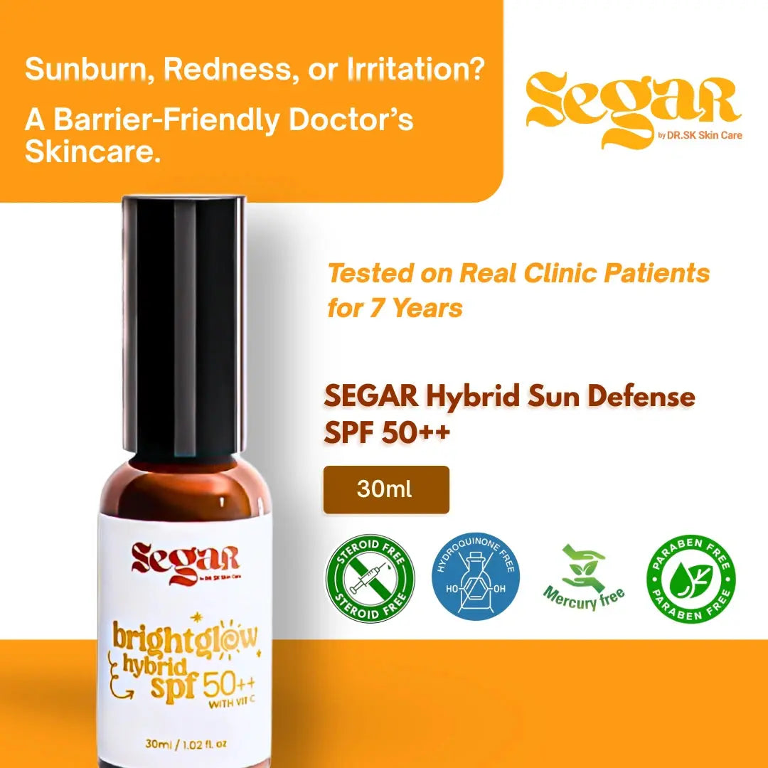 SEGAR Hybrid Sun Defense SPF 50++ bottle with branding and product details on an orange and white background.