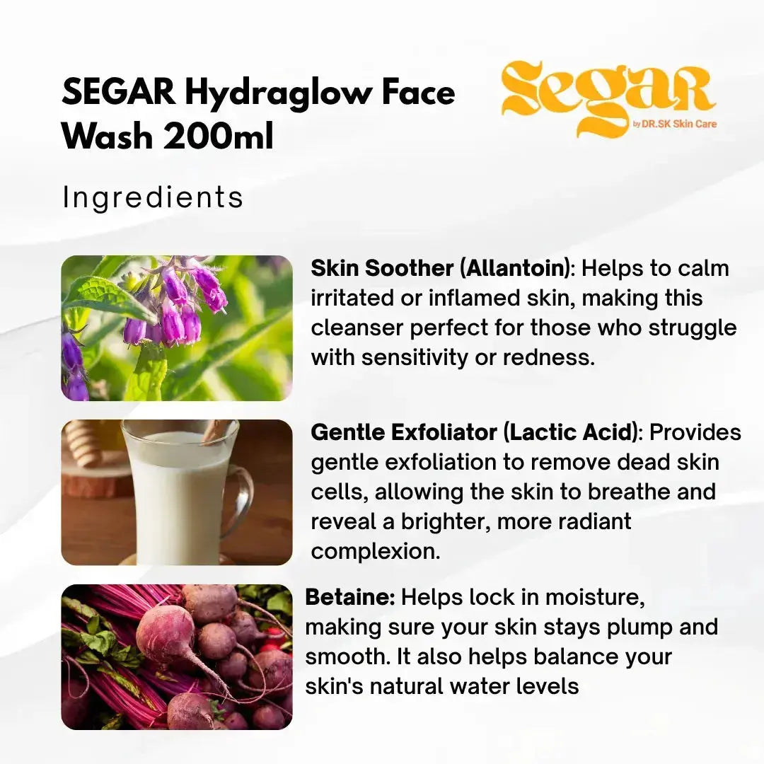 Product information card for SEGAR Hydraglow Face Wash 200ml with ingredients listed.