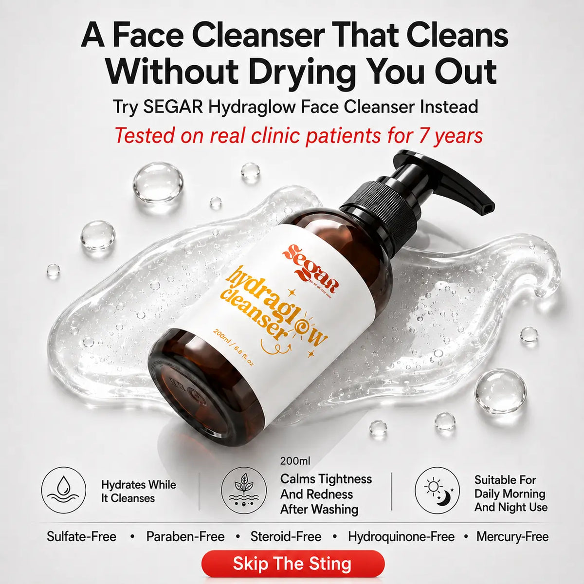 A bottle of SEGAR Hydroglow Face Cleanser shown at an angle on a light grey background with decorative water droplets and a clear gel splash. The bottle is amber brown with a black pump and a white label featuring orange and black text.