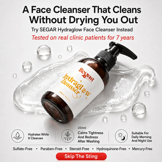 A bottle of SEGAR Hydroglow Face Cleanser shown at an angle on a light grey background with decorative water droplets and a clear gel splash. The bottle is amber brown with a black pump and a white label featuring orange and black text.