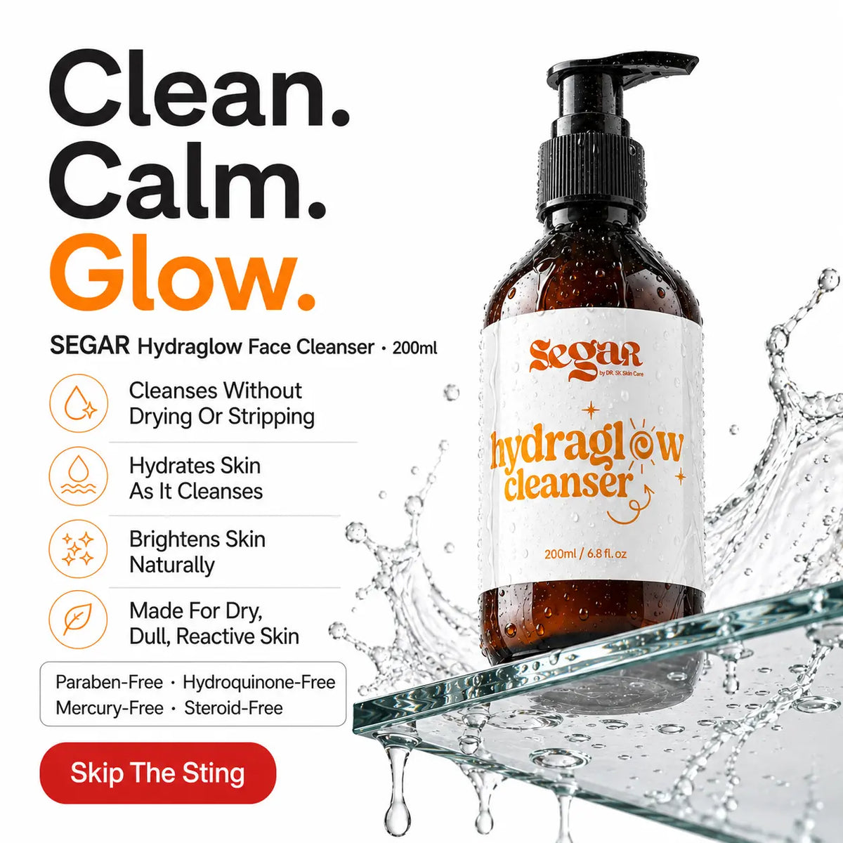 SEGAR Hydraglow Face Cleanser in a 200ml amber glass bottle with a black pump and white label, shown on a white background with water splash graphics and product feature text.