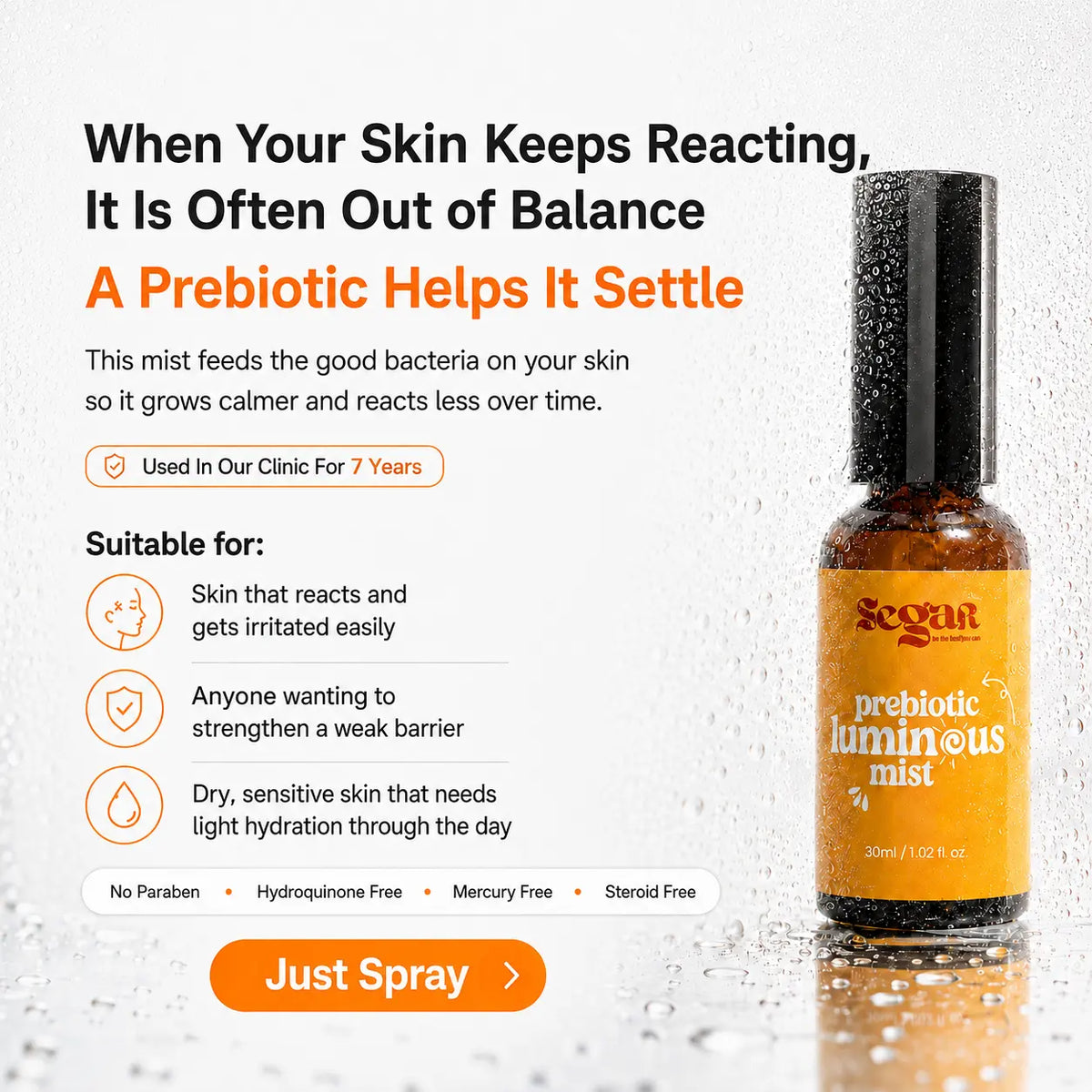 A bottle of SEGAR Prebiotic Luminous Mist shown on a light textured background with marketing text on the left. The bottle is amber glass with a black cap and a bright orange label.