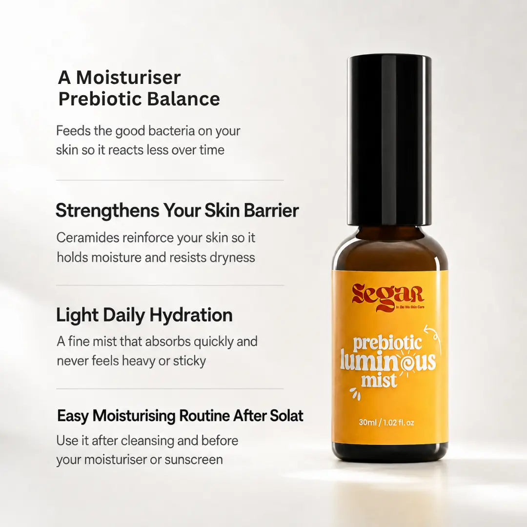 A bottle of SEGAR Prebiotic Luminous Mist moisturizer shown on a light grey background with descriptive marketing text on the left. The bottle is amber glass with a black cap and a yellow label.