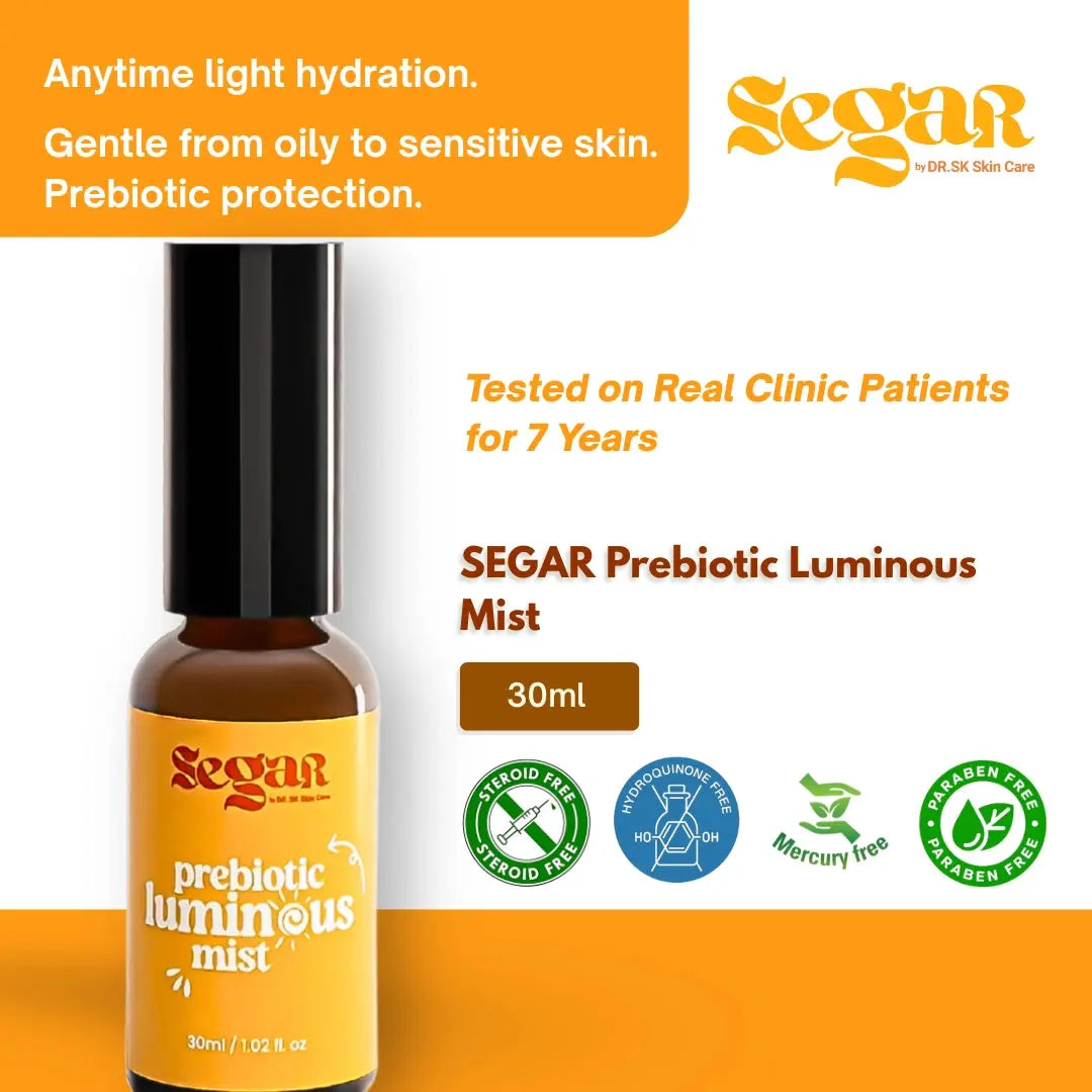 SEGAR Prebiotic Luminous Mist bottle with product details on an orange and white background